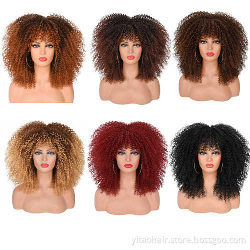 Wholesale Black Curly Wigs for Black Women Afro Curly Wigs with Bangs 14 Inch Afro Kinky Loose Curly Wave Synthetic Hair Wigs